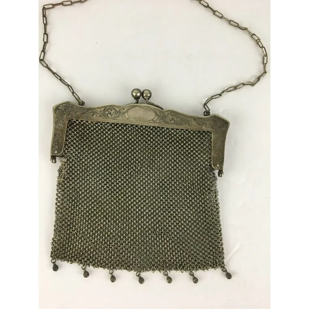 Antique Signed‎ German Silver Mesh Purse Bag Ornate Frame Dangles NB Co Flapper